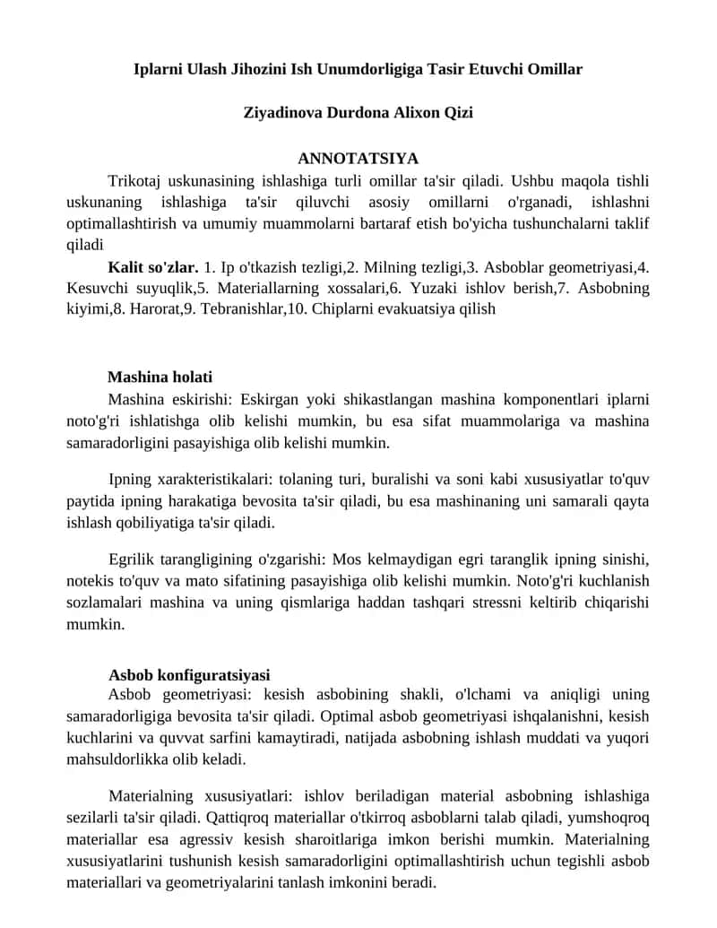 Iplarni Ulash Jihozini Ish Unumdorligiga Tasir Etuvchi Omillar 1