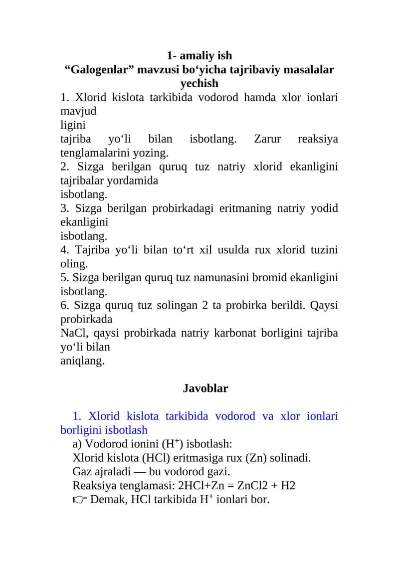 Galogenlar mavzusi bo‘yicha tajribaviy masalalar yechish 1