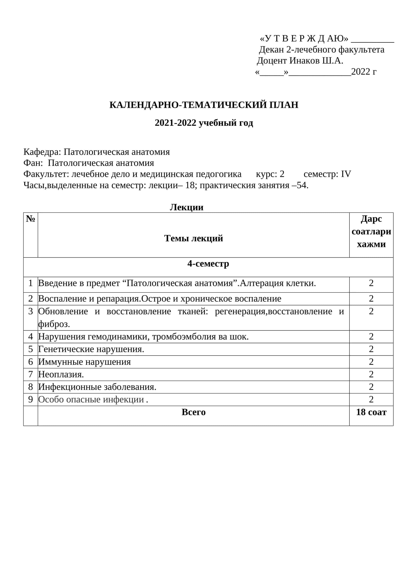 Календарно-Тематический План 2021-2022 Учебный Год 1