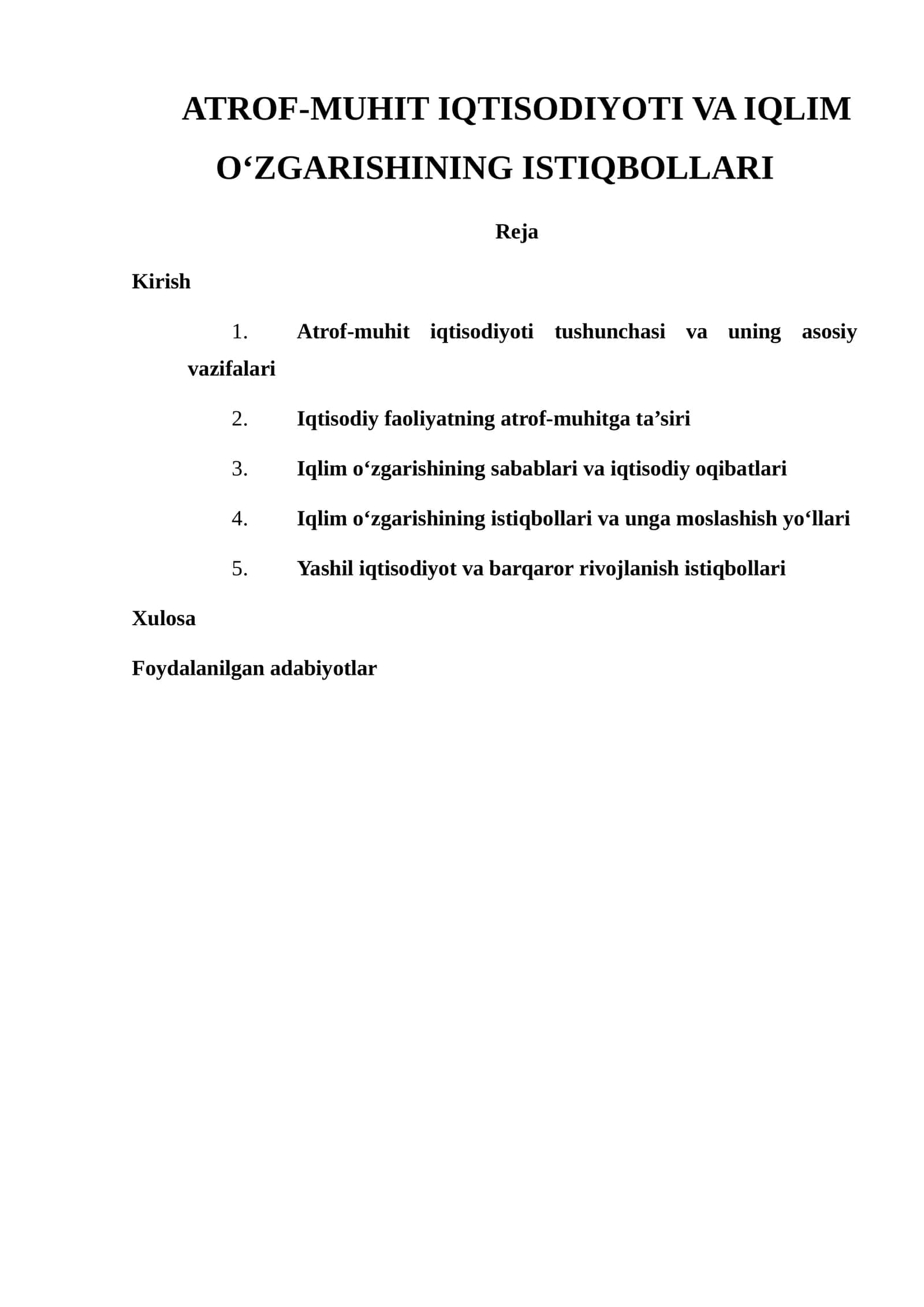 ATROF-MUHIT IQTISODIYOTI VA IQLIM O‘ZGARISHINING ISTIQBOLLARI 1