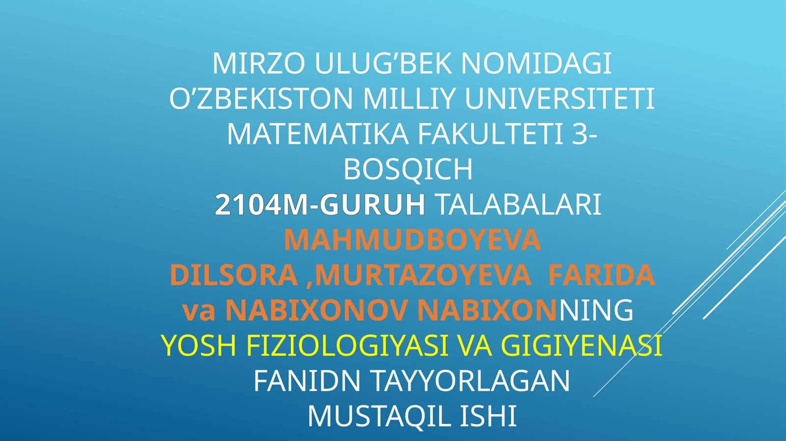 Yosh fiziologiyasi va gigiyenasi fanidan tayyorlagan mustaqil ishi 1