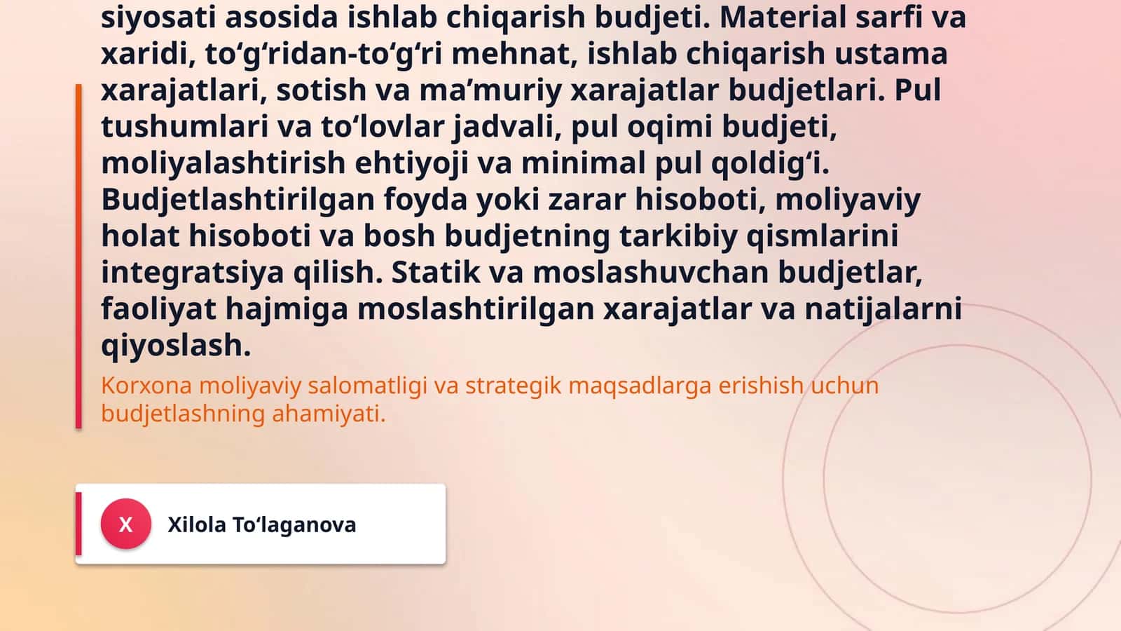 Budjetlashtirish va rejalashtirish Budjetning mazmuni, maqsadi, funksiyalari va strategik reja bilan o‘zaro bog‘liqligi. Budjet davri, budjet qo‘mitasi, budjet qo‘llanmasi, mas’uliyat markazlari va budjetlashtirish jarayonining tashkiliy bosqichlari. Yuqoridan pastga, pastdan yuqoriga va ishtirokchi budjetlashtirish yondashuvlari; budjet bo‘shlig‘i va xulq-atvor omillari. Sotuv prognozi va sotuv budjeti, tayyor mahsulot zaxirasi siyosati asosida ishlab chiqarish budjeti. Material sarfi va xaridi 1
