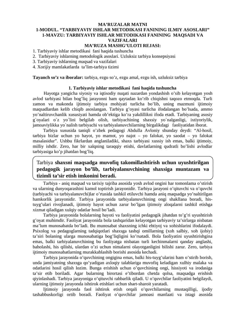 TARBIYAVIY ISHLAR METODIKASI FANINING MAQSADI VA VAZIFALARI 1