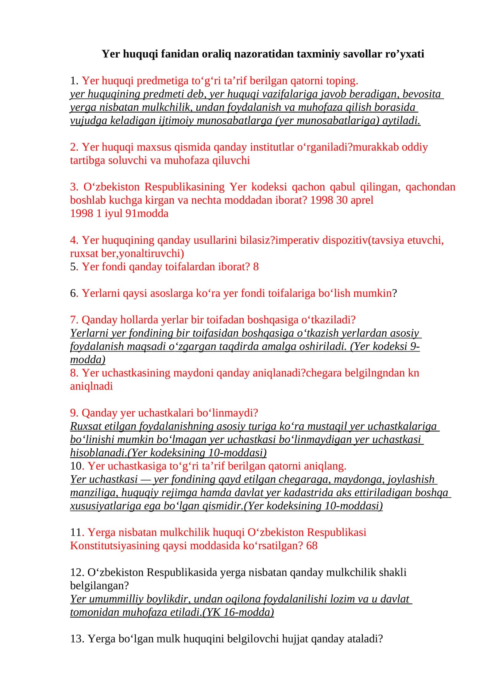 Yer huquqi fanidan oraliq nazoratidan taxminiy savollar ro’yxati 1