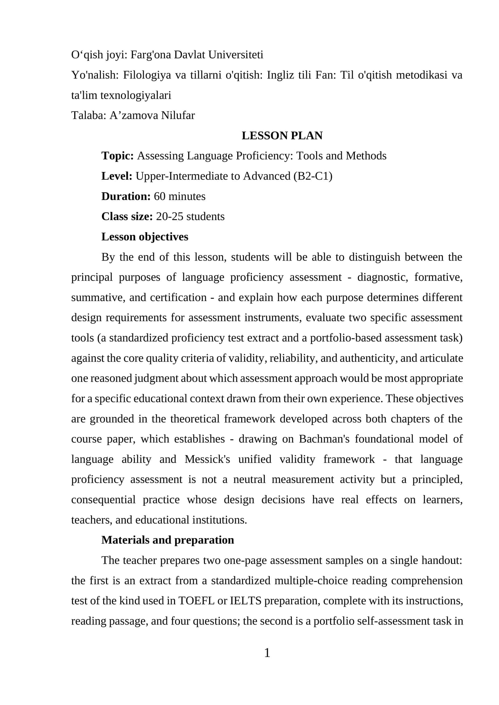 Dars rejasi (LESSON PLAN) 1