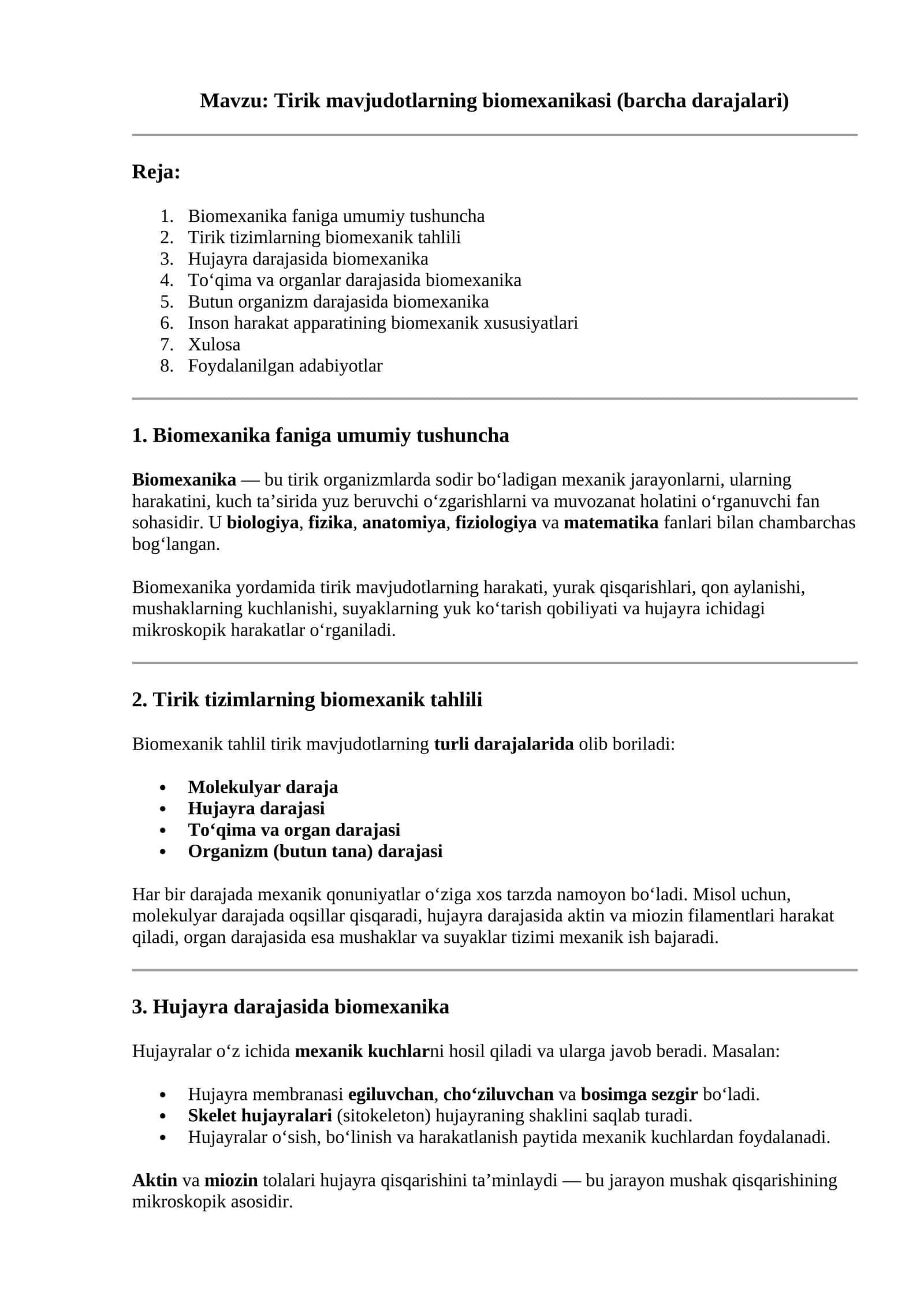 Tirik mavjudotlarning biomexanikasi (barcha darajalari) 1