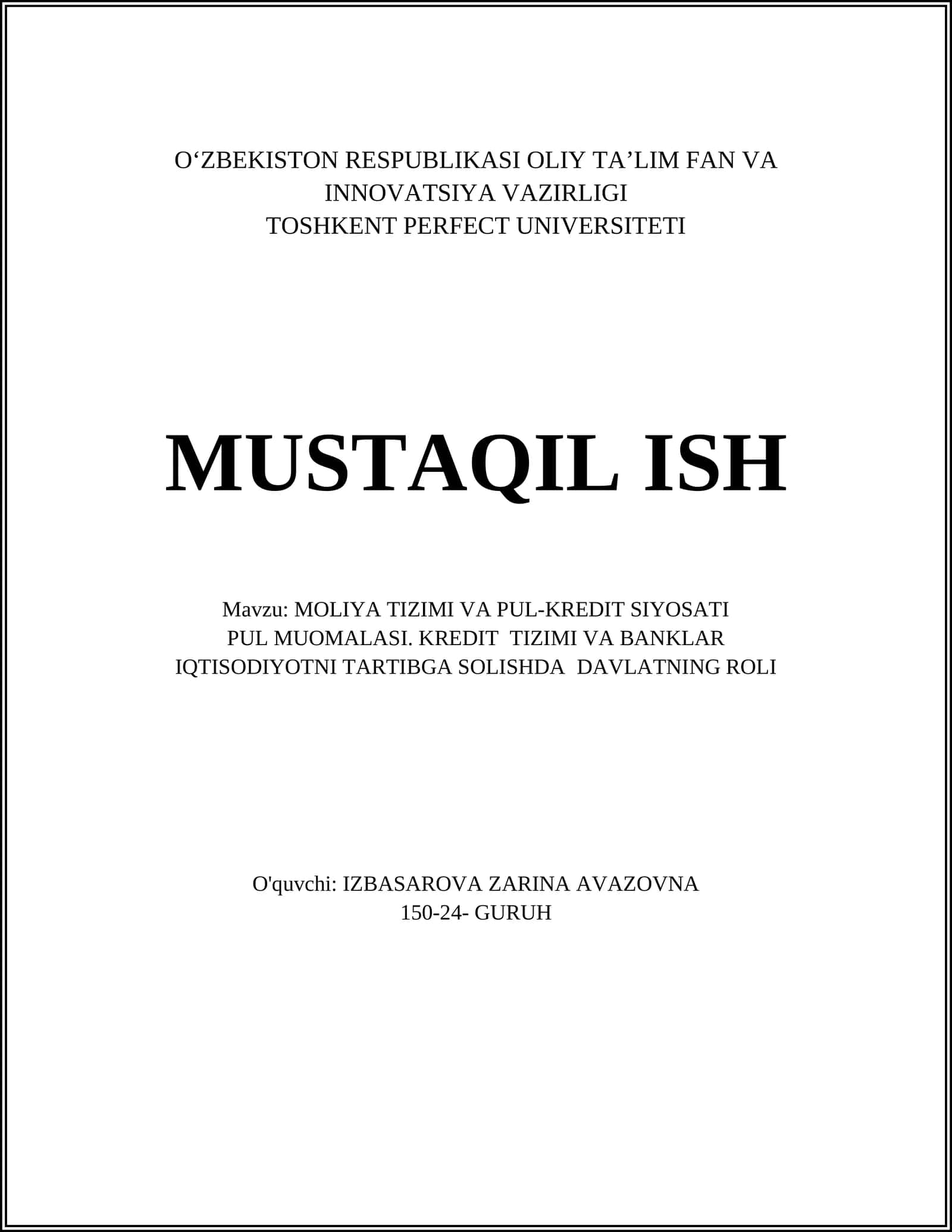 Moliya tizimi va pul-kredit siyosati 1