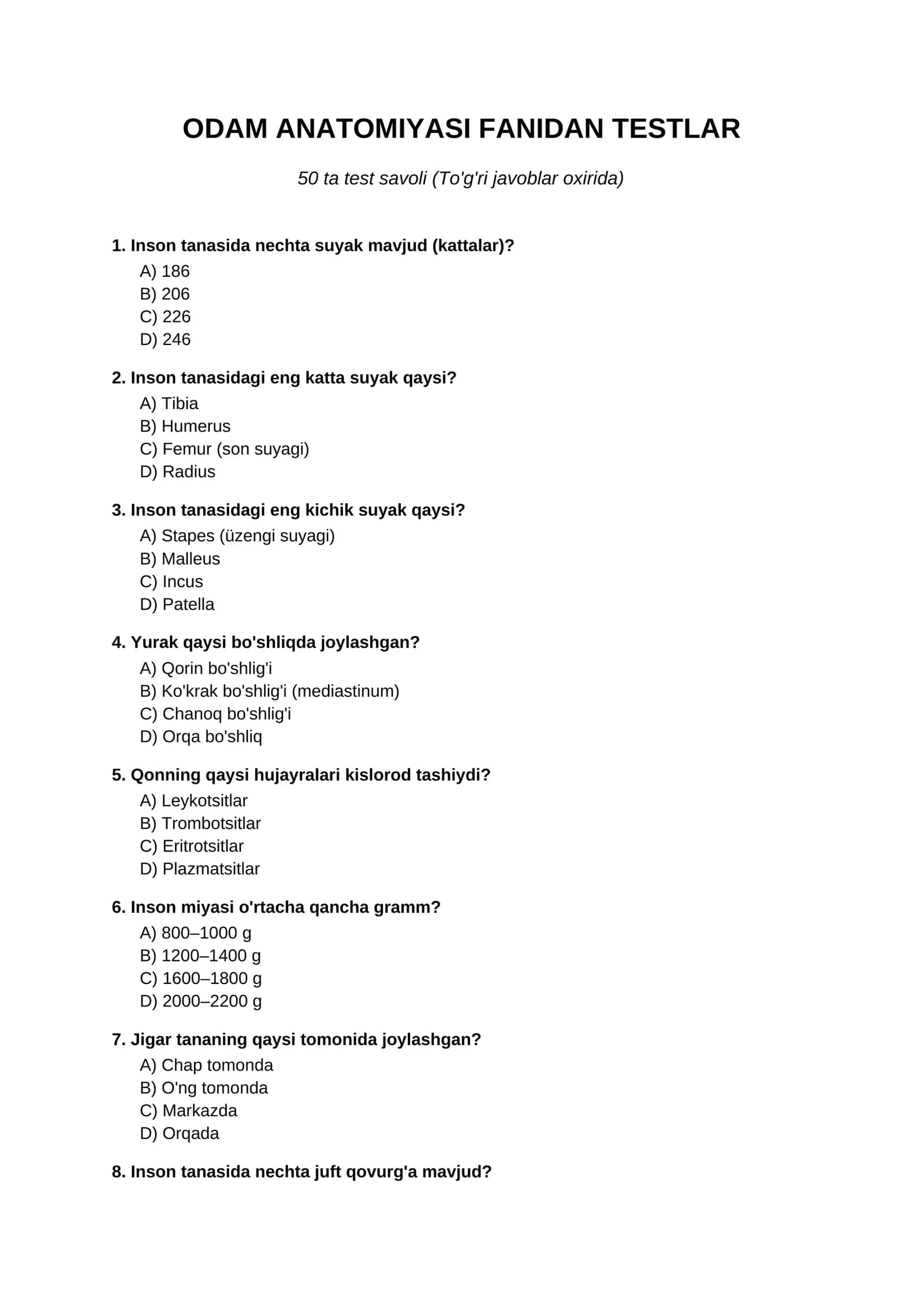 ODAM ANATOMIYASI FANIDAN TESTLAR 1