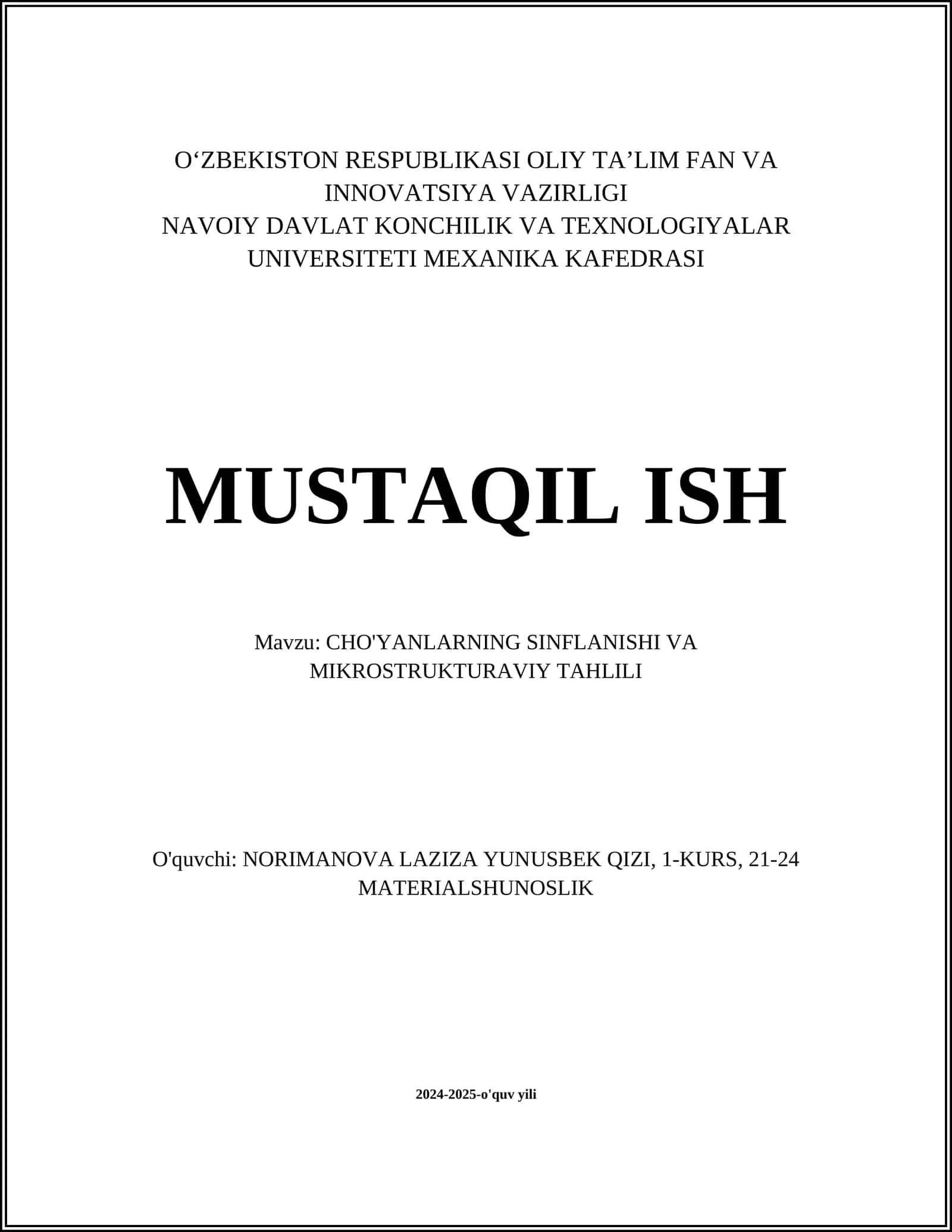 CHO'YANLARNING SINFLANISHI VA MIKROSTRUKTURAVIY TAHLILI 1