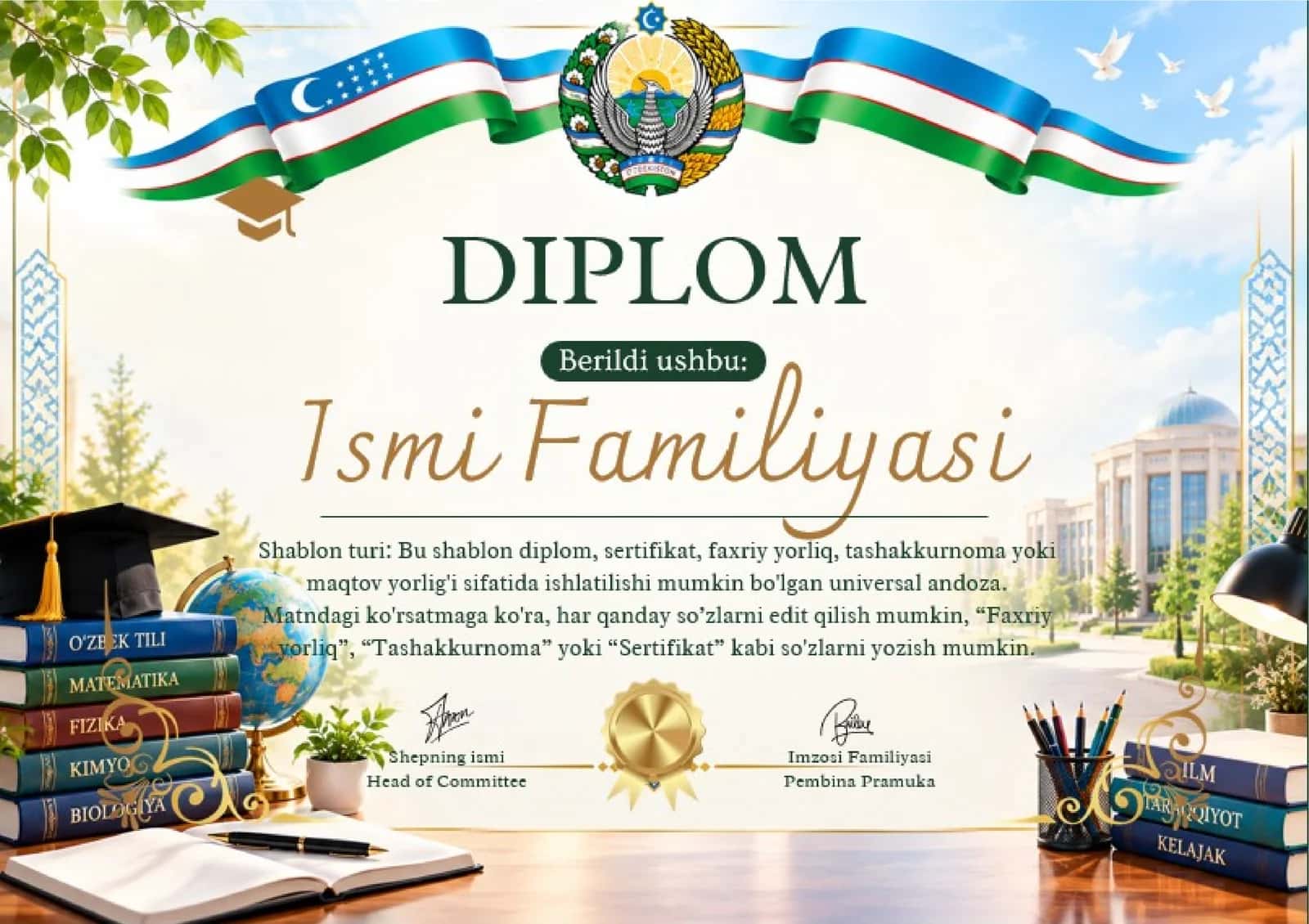 Shablon diplom, sertifikat, faxriy yorliq, tashakkurnoma yoki maqtov yorlig'i 1