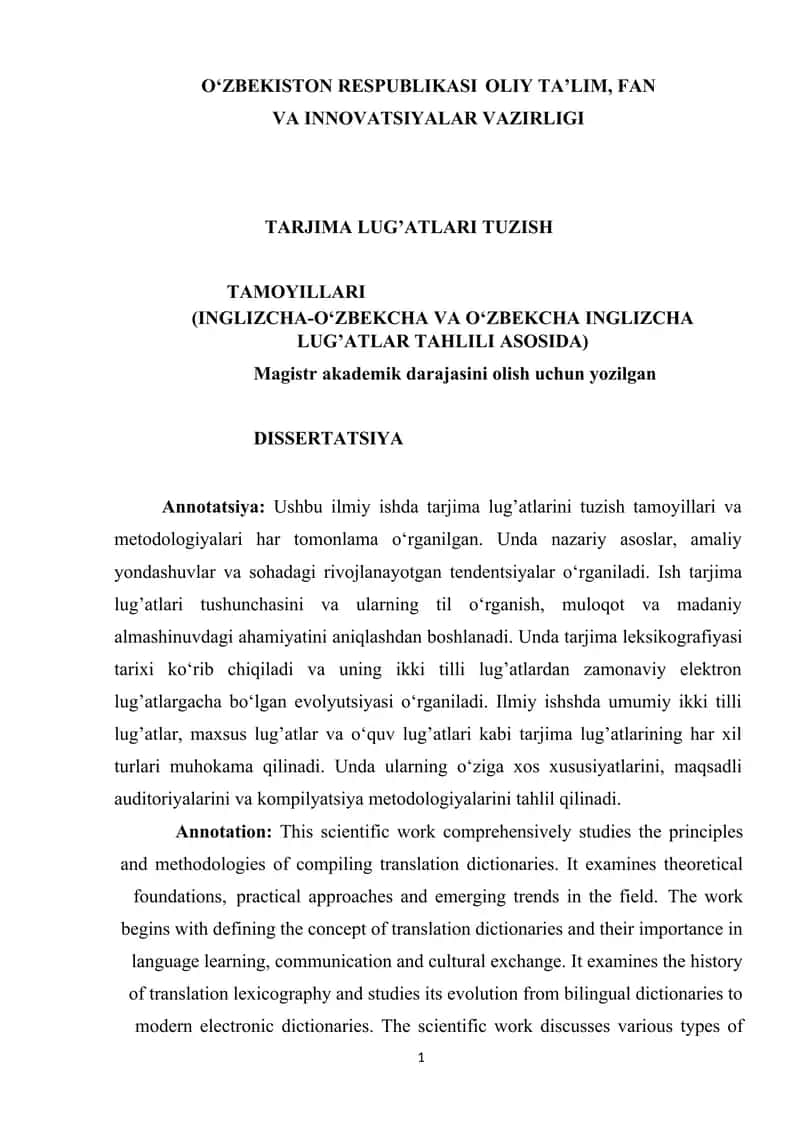 TARJIMA LUG’ATLARI TUZISH TAMOYILLARI (INGLIZCHA-O‘ZBEKCHA VA O‘ZBEKCHA INGLIZCHA 1