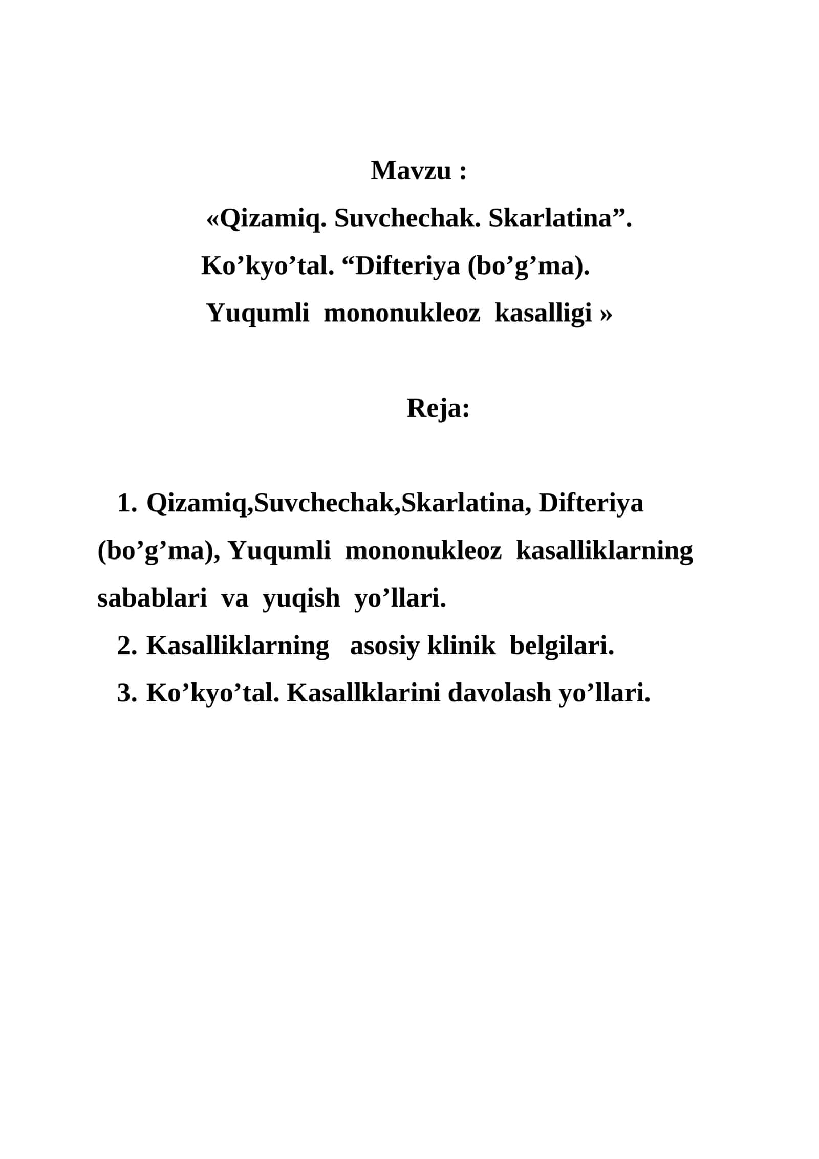 Qizamiq. Suvchechak. Skarlatina. Ko’kyo’tal. Difteriya (bo’g’ma). Yuqumli mononukleoz kasalligi 1