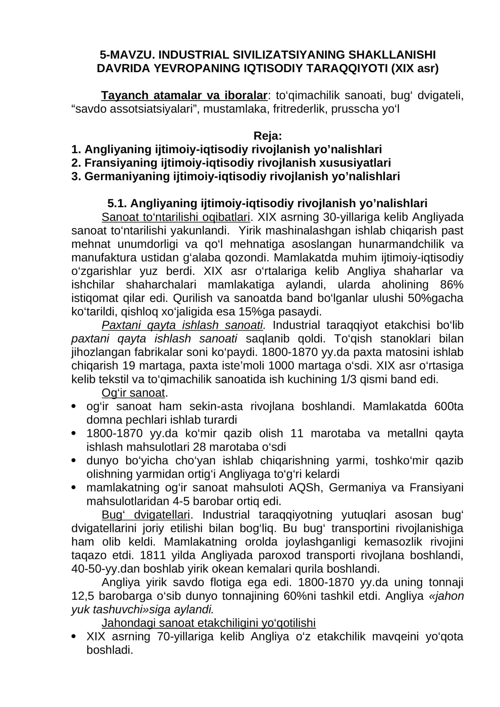 INDUSTRIAL SIVILIZATSIYANING SHAKLLANISHI DAVRIDA YEVROPANING IQTISODIY TARAQQIYOTI (XIX asr) 1