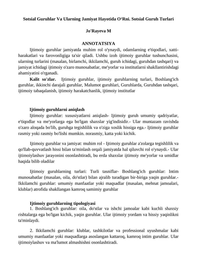 Sotsial Guruhlar Va Ularning Jamiyat Hayotida O‘Rni. Sotsial Guruh Turlari 1