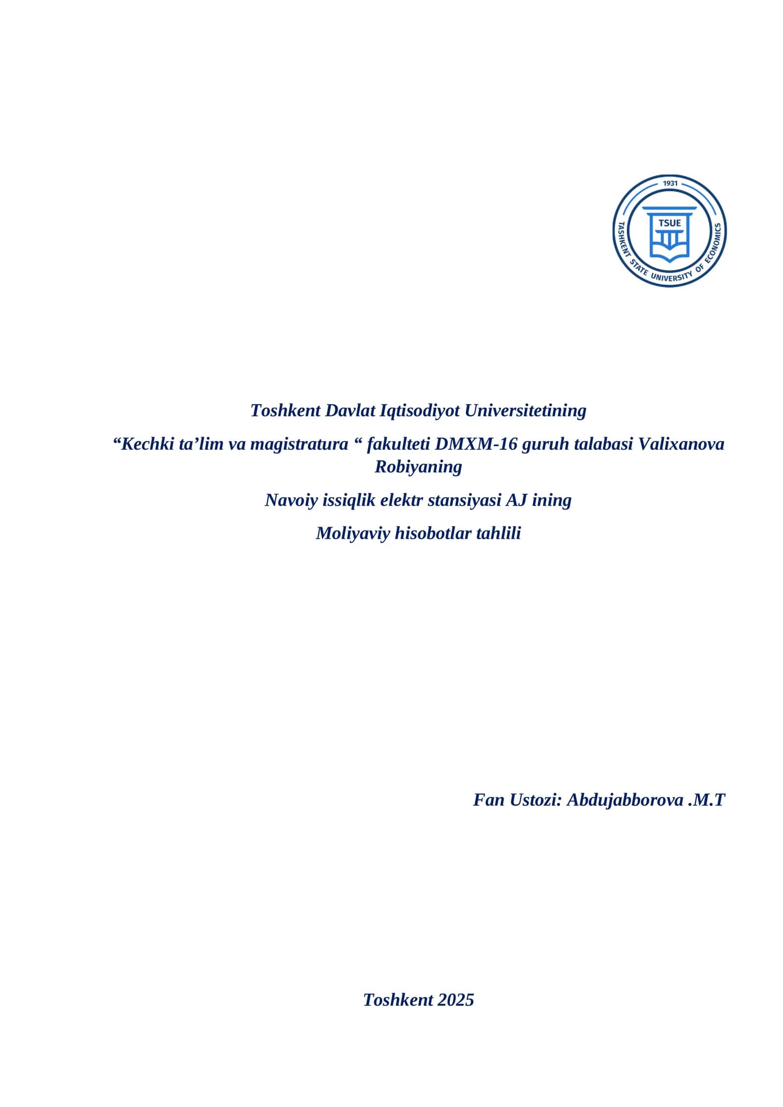 Navoiy issiqlik elektrstansiyasining AJ ning moliyaviy tahlil hisoboti 1