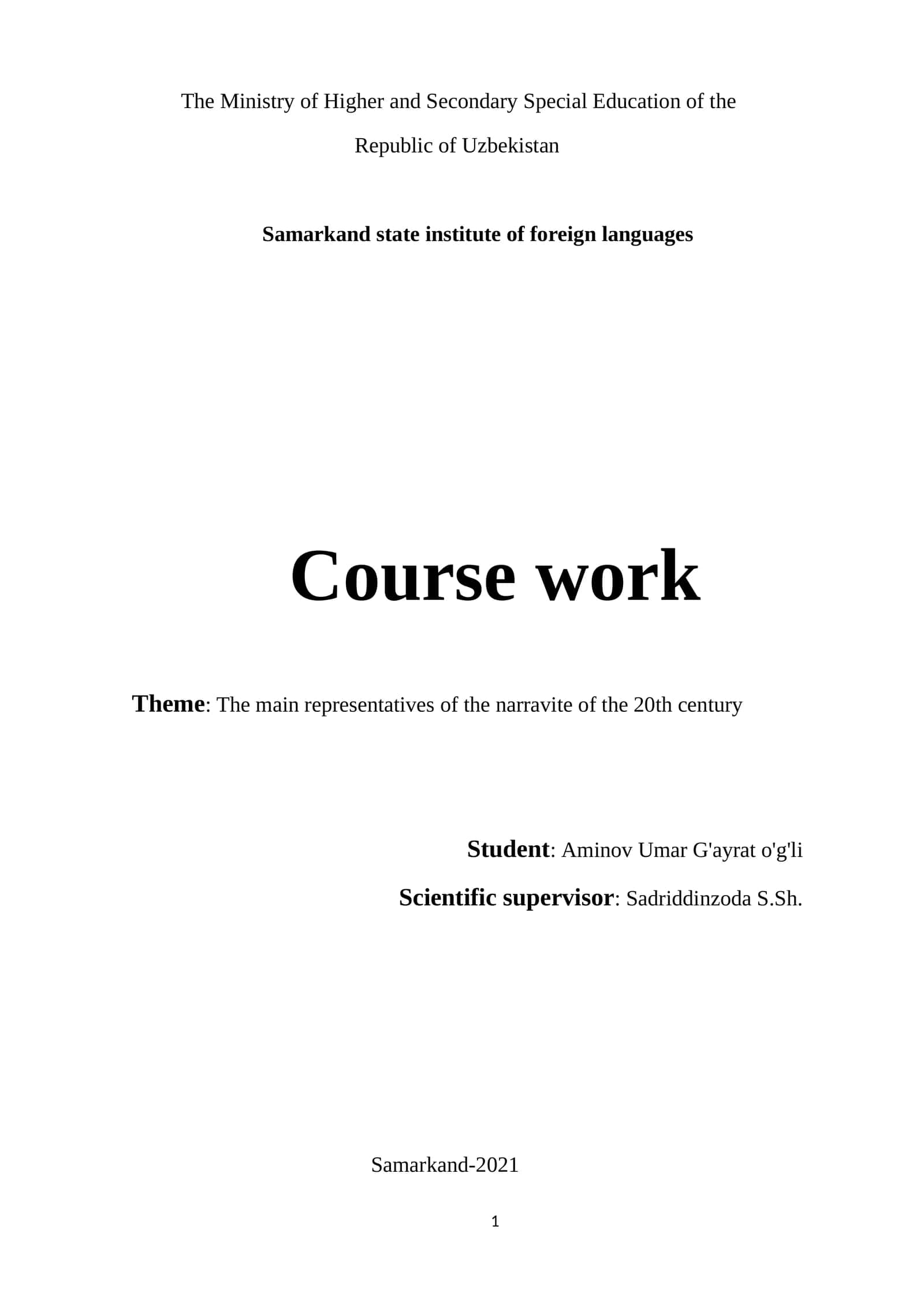 Course work on 20th Century Literary Narratives 1