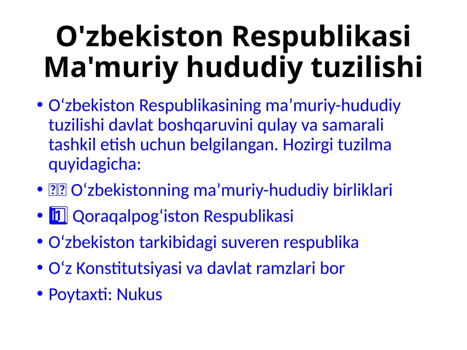 O'zbekiston Respublikasi Ma'muriy Hududiy Tuzilishi 1