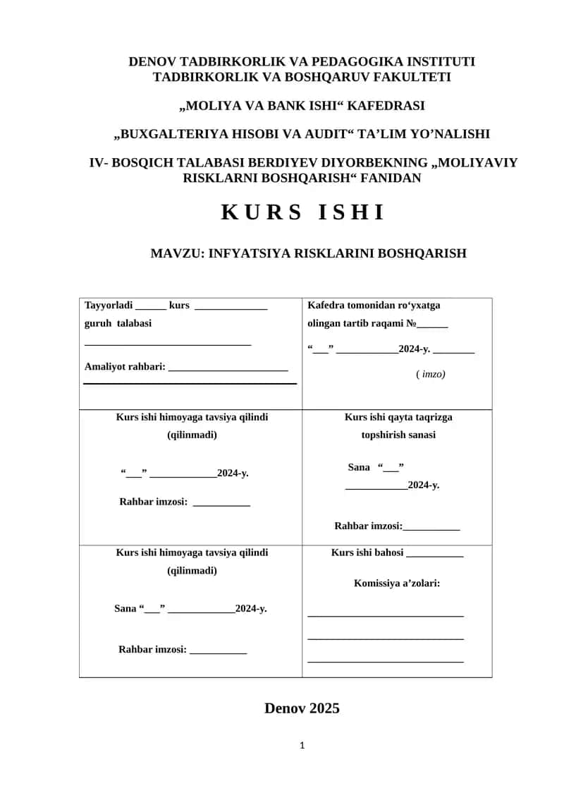 Inflyatsiya risklarini boshqarish. Kurs ishi 1