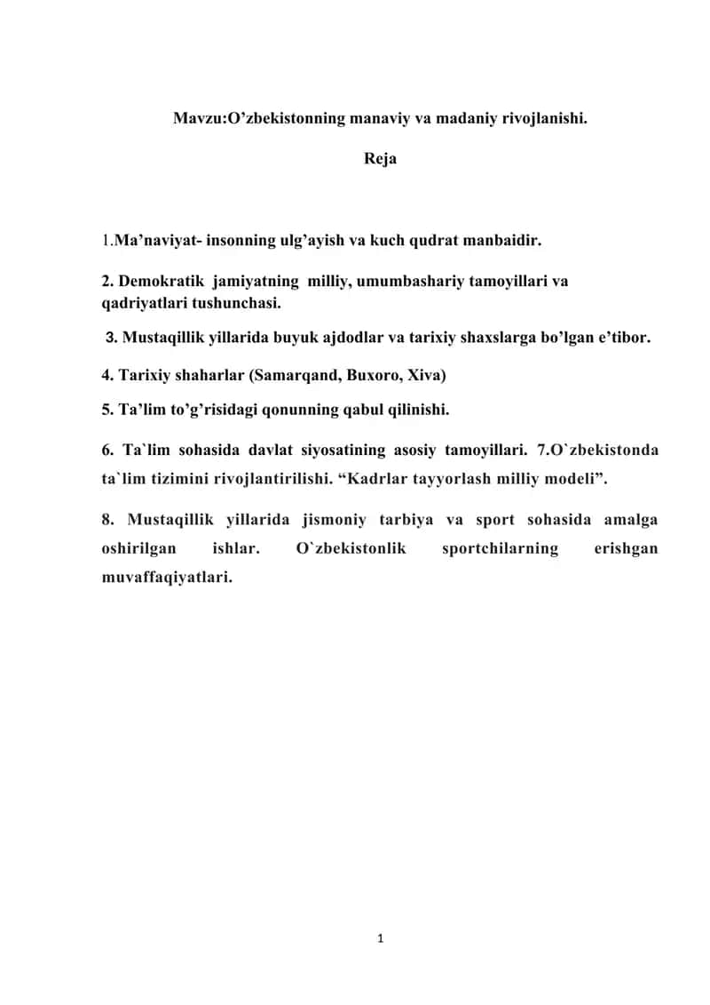 O’zbekistonning manaviy va madaniy rivojlanishi 1