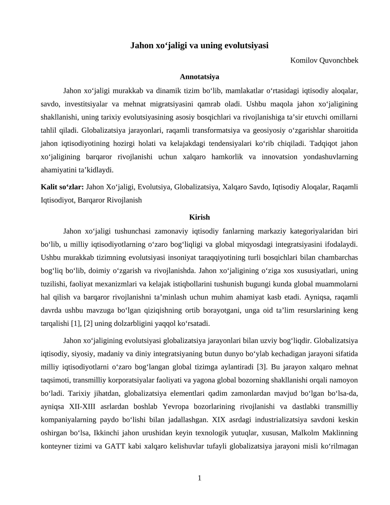 Jahon xoʻjaligi va uning evolutsiyasi 1