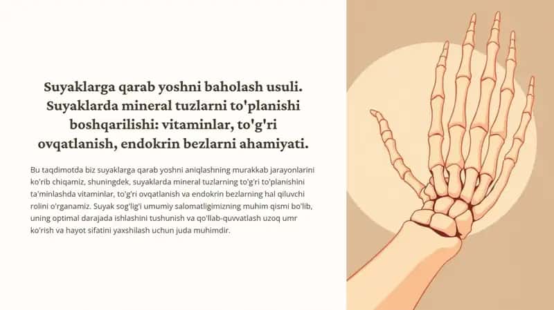 Suyaklarga qarab yoshni baholash usuli. Suyaklarda mineral tuzlarni to'planishi boshqarilishi: vitaminlar, to'g'ri ovqatlanish, endokrin bezlarni ahamiyati. 1