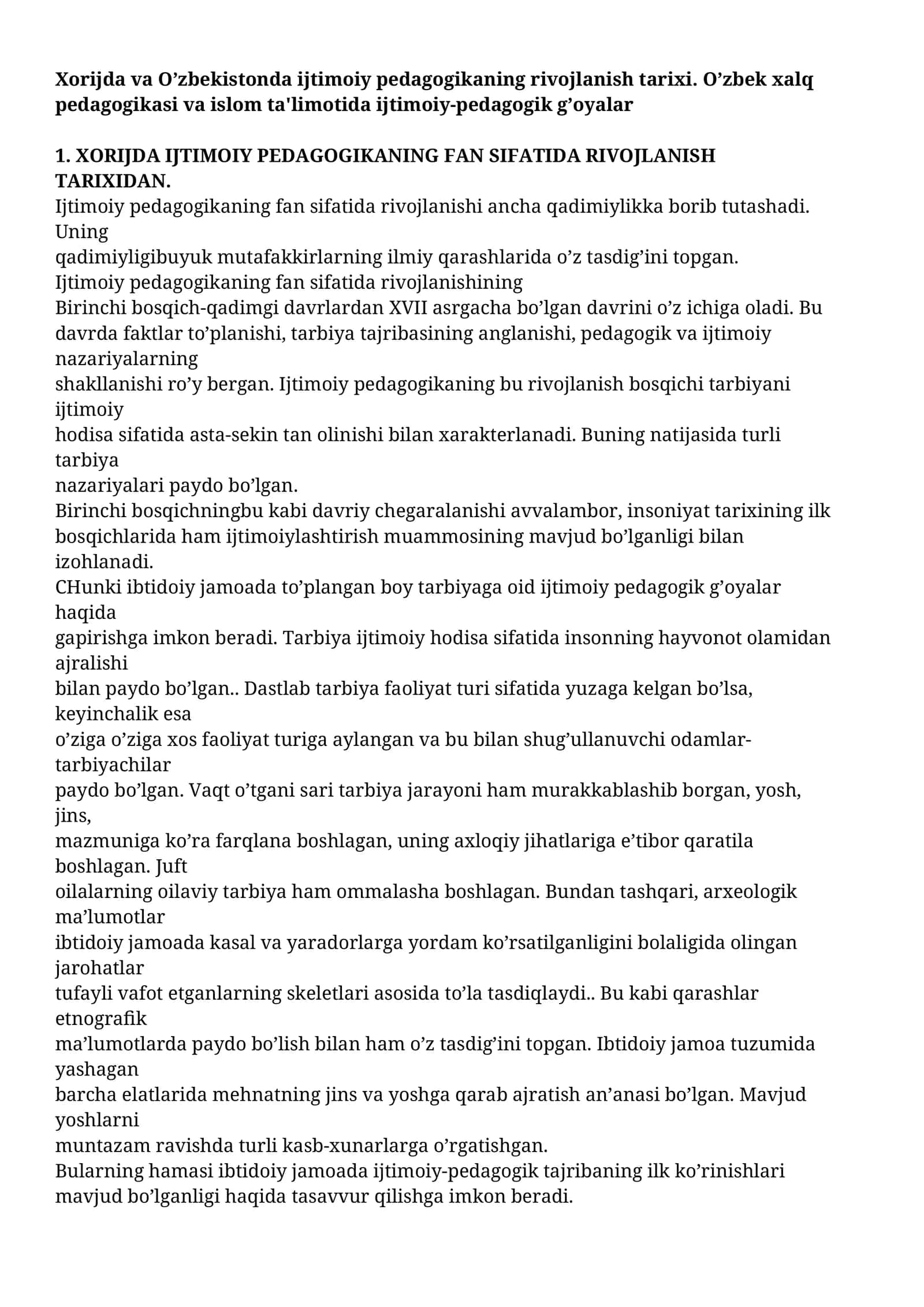 Xorijda va O’zbekistonda Ijtimoiy Pedagogikaning Rivojlanish Tarixi 1