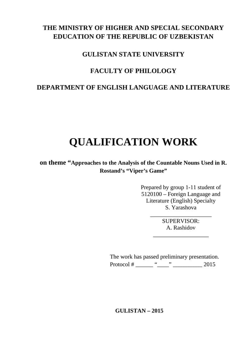 Qualification Work on Approaches to the Analysis of Countable Nouns in R. Rostand's "Viper's Game" 1