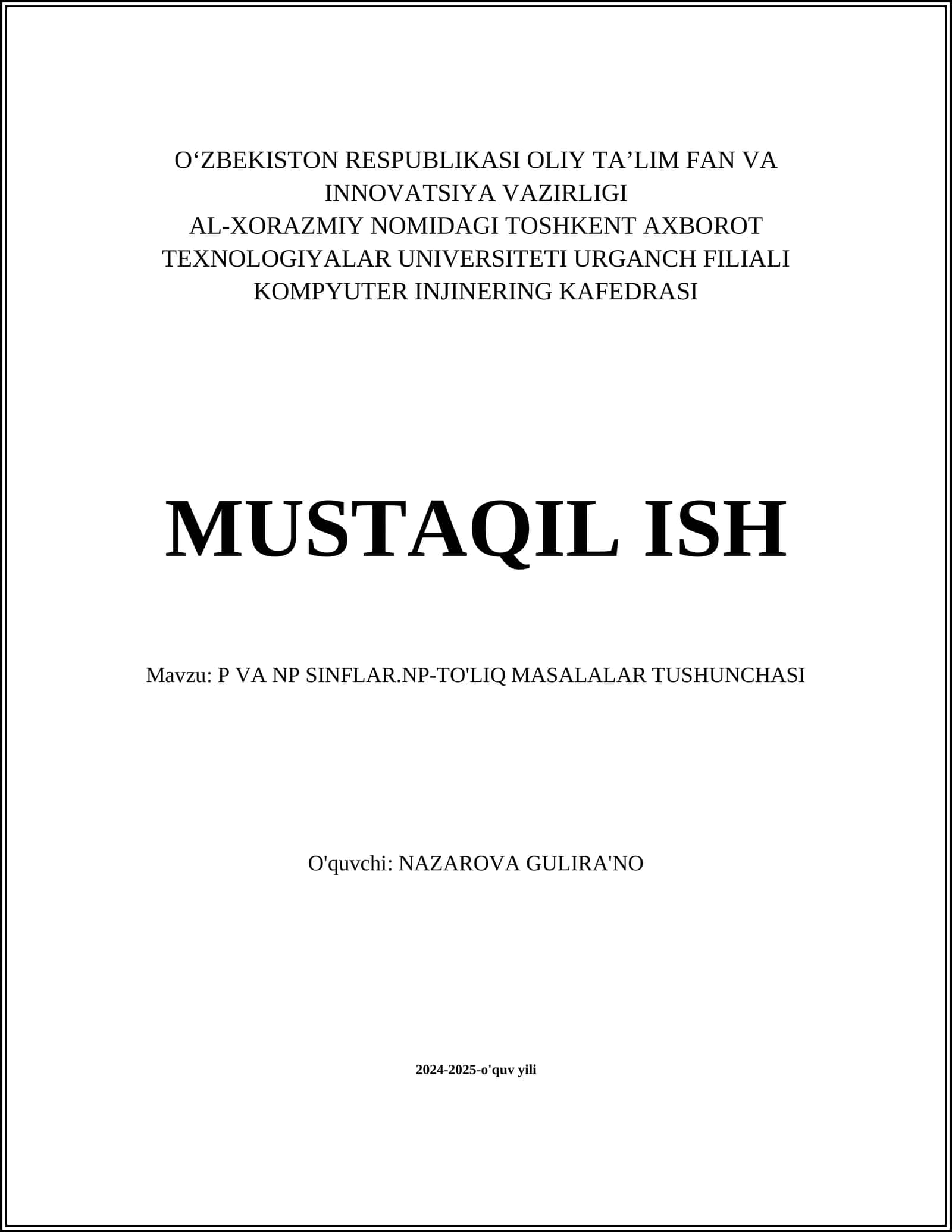 P VA NP SINFLAR.NP-TO'LIQ MASALALAR TUSHUNCHASI 1