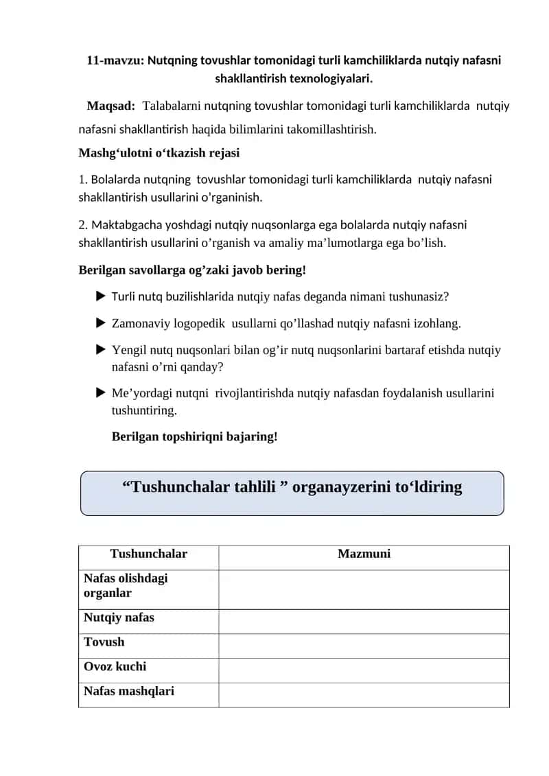 Nutqning tovushlar tomonidagi turli kamchiliklarda nutqiy nafasni shakllantirish texnologiyalari 1