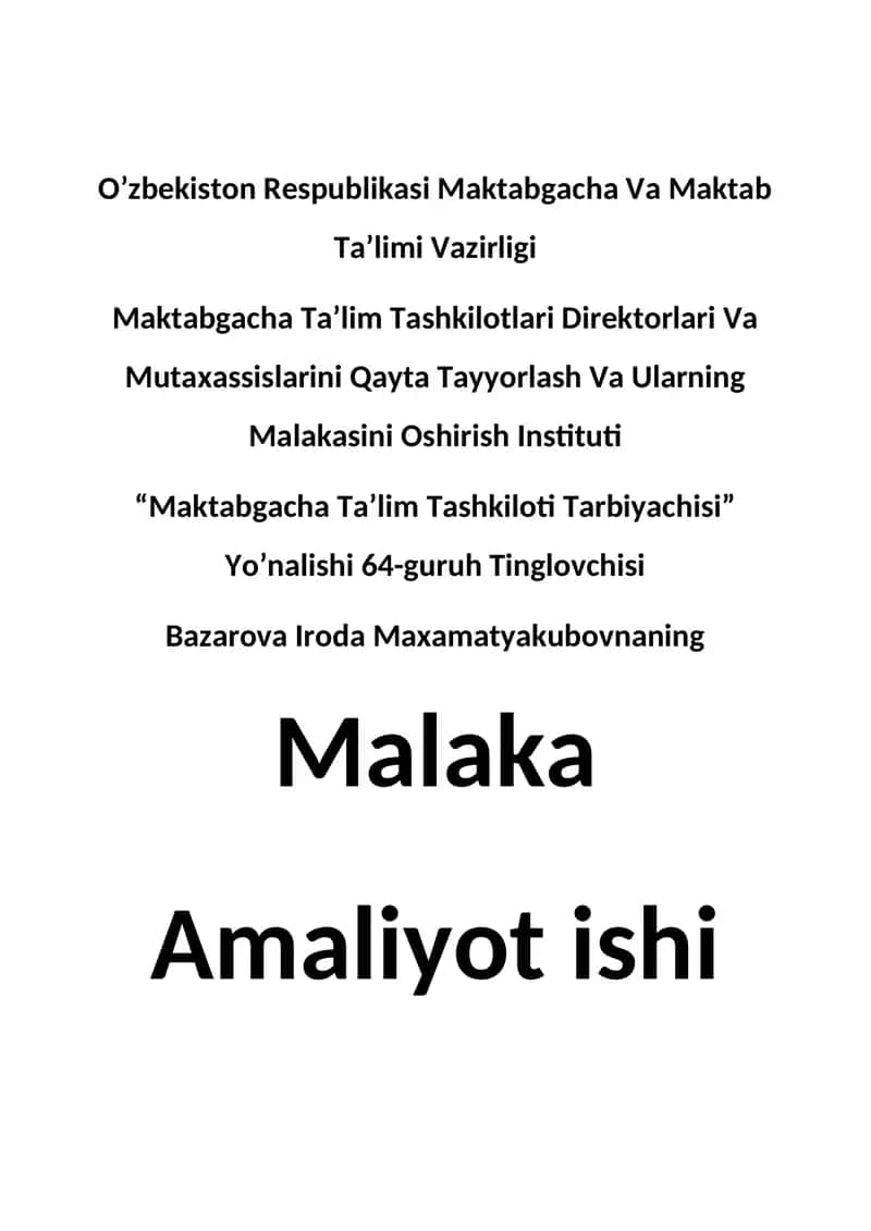 "Maktabgacha Ta’lim Tashkilotlari Direktorlari Va Mutaxassislarini Qayta Tayyorlash Va Ularning Malakasini Oshirish Instituti" 1