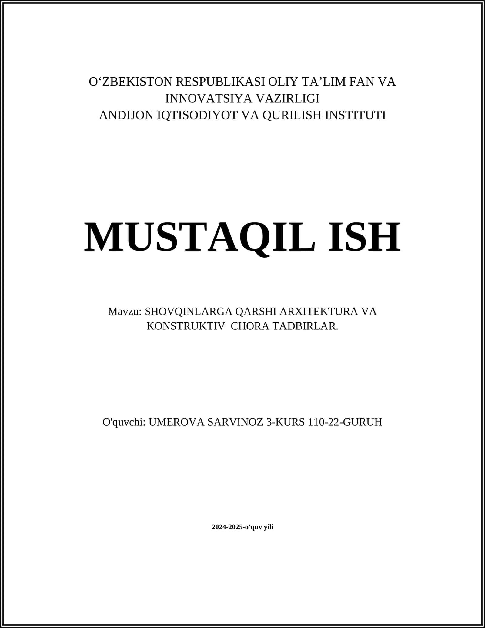 SHOVQINLARGA QARSHI ARXITEKTURA VA KONSTRUKTIV CHORA TADBIRLAR 1