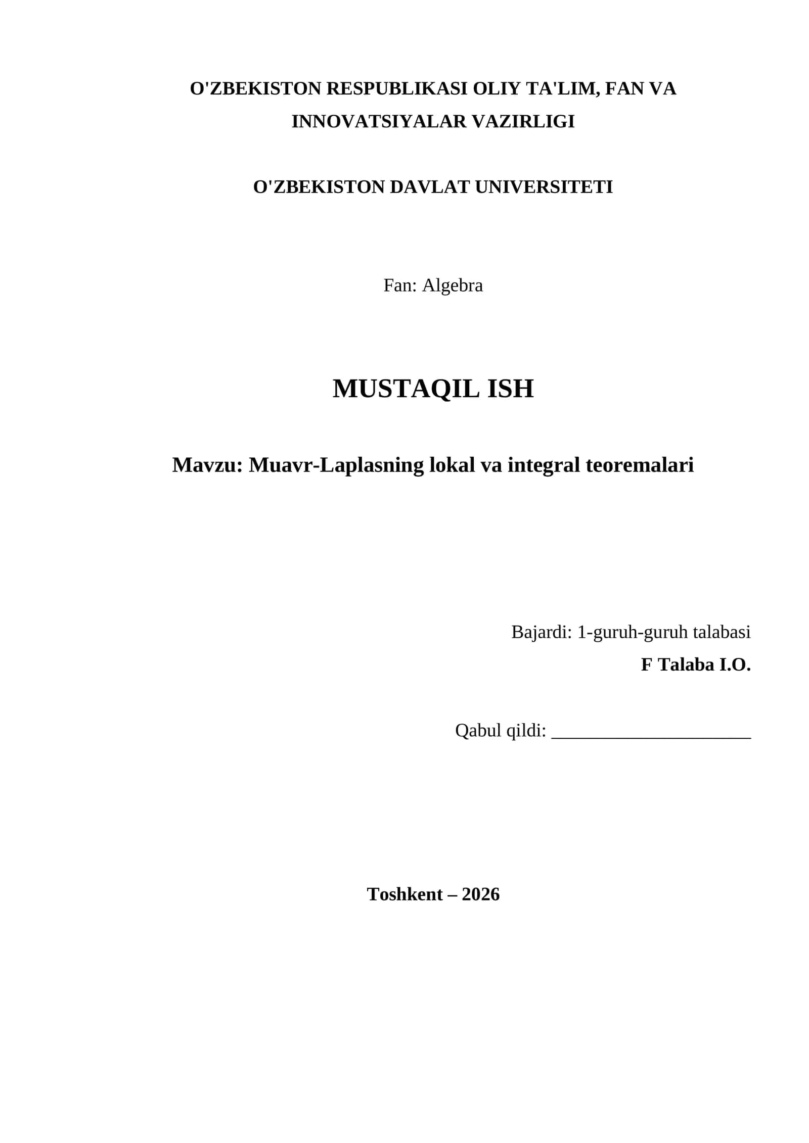 Muavr-Laplasning lokal va integral teoremalari 1