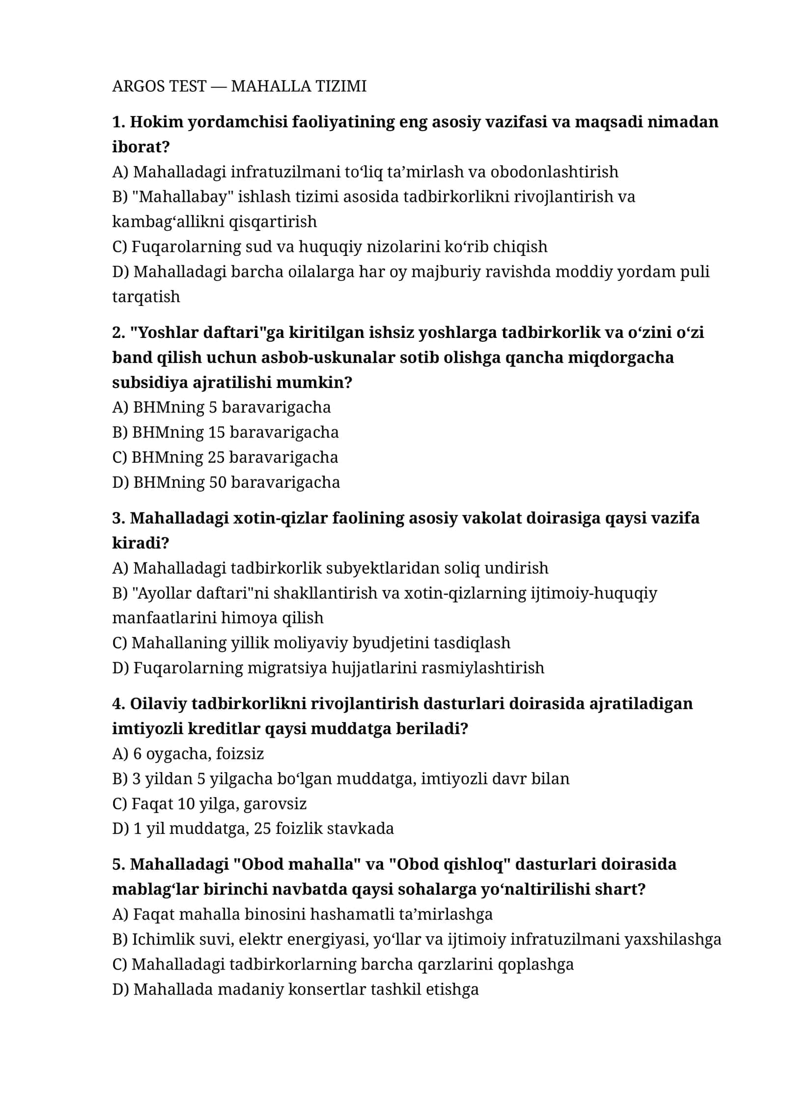 ARGOS TEST — MAHALLA TIZIMI 1