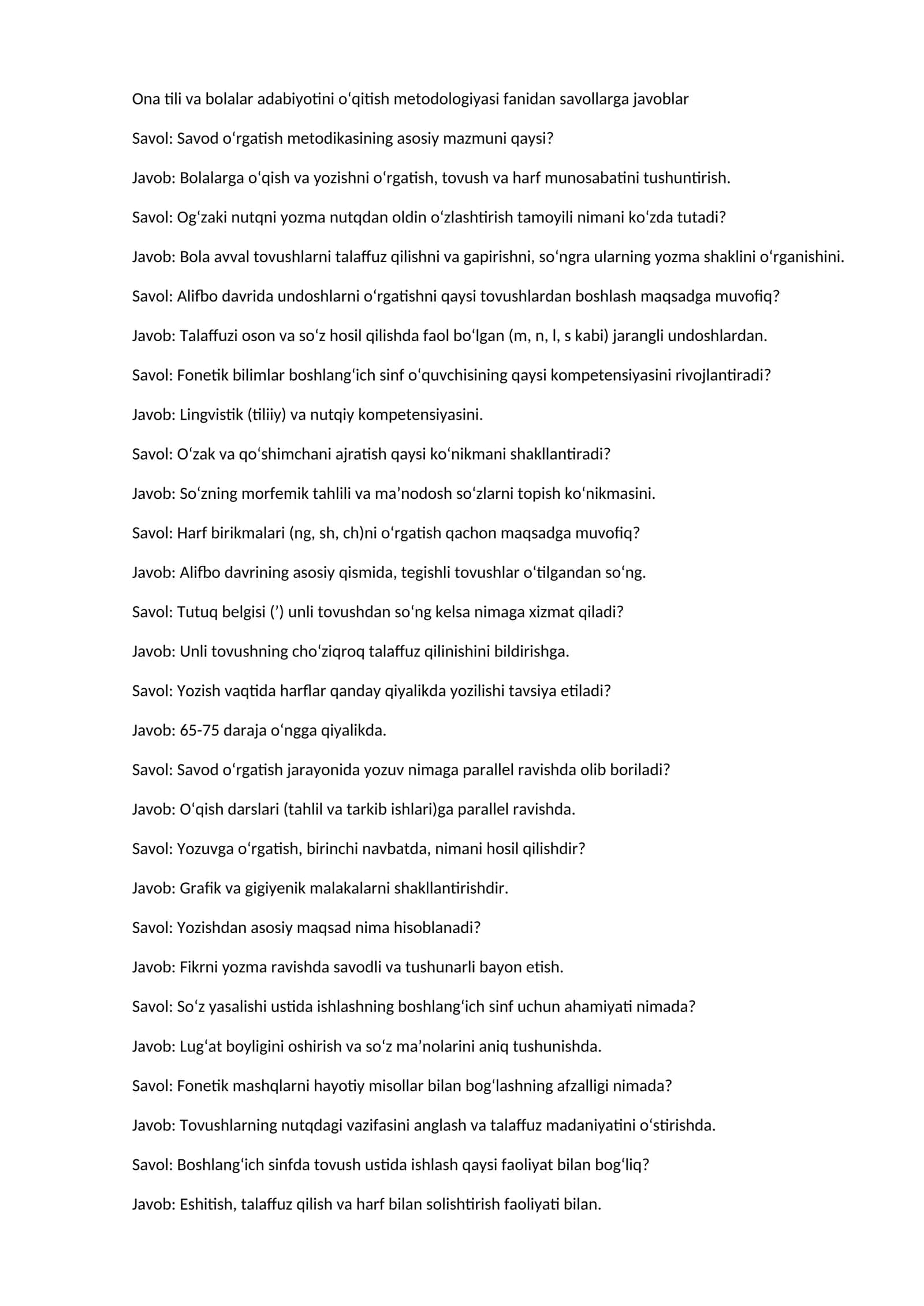 Ona tili va bolalar adabiyotini o‘qitish metodologiyasi fanidan savollarga javoblar 1