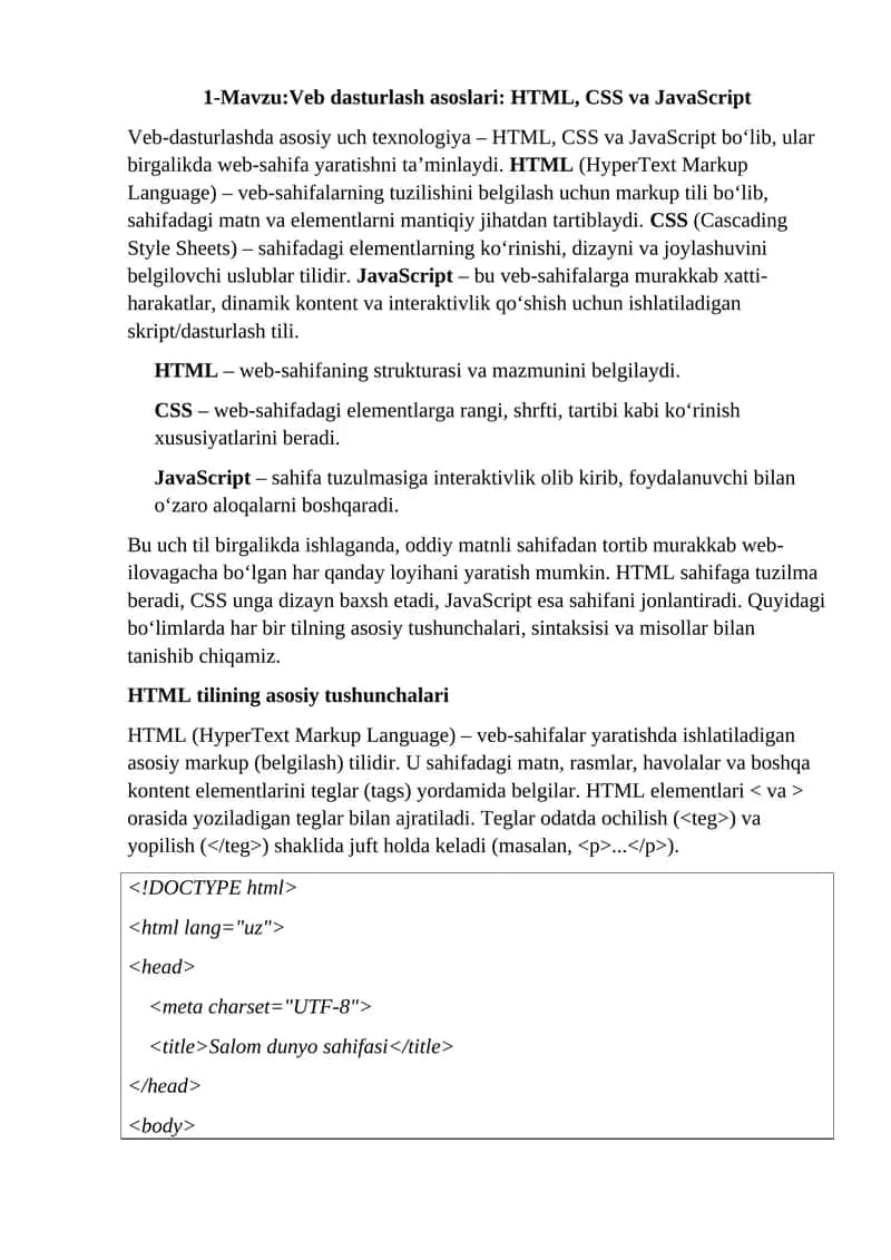 Veb dasturlash asoslari: HTML, CSS va JavaScript 1