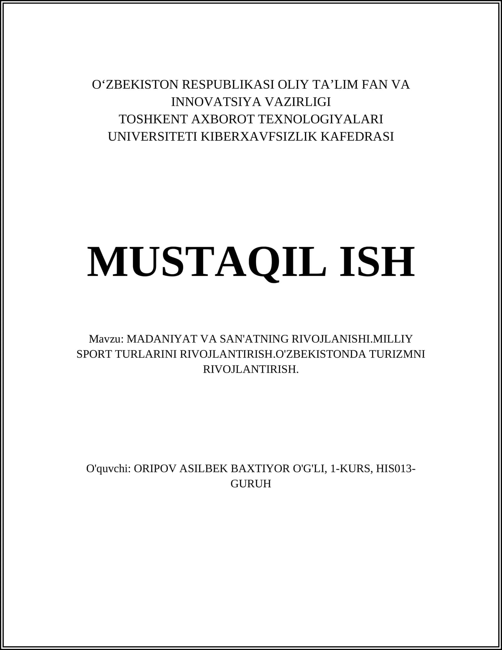 MADANIYAT VA SAN'ATNING RIVOJLANISHI 1
