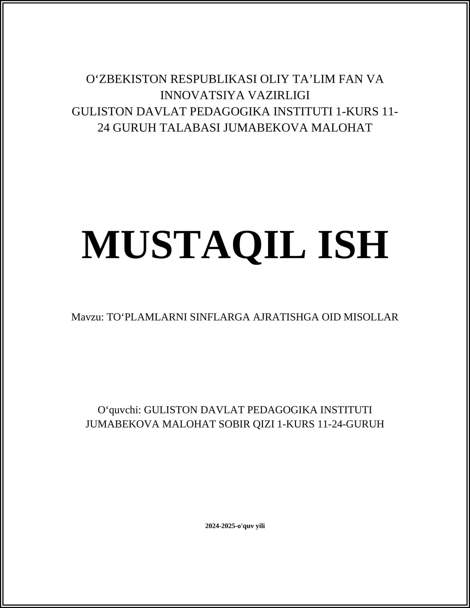 TOʻPLAMLARNI SINFLARGA AJRATISHGA OID MISOLLAR 1