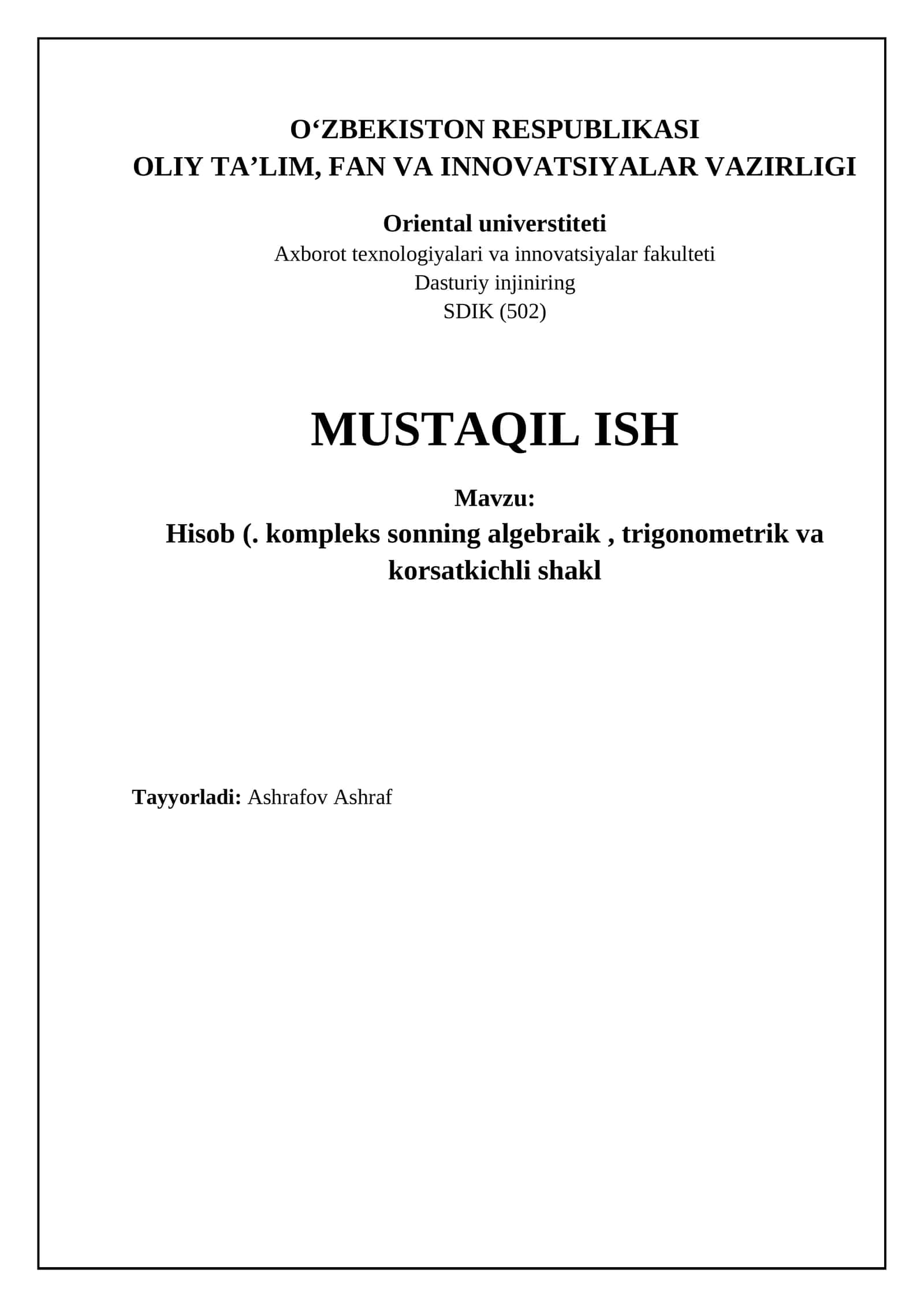 Hisob (. kompleks sonning algebraik , trigonometrik va korsatkichli shakl 1