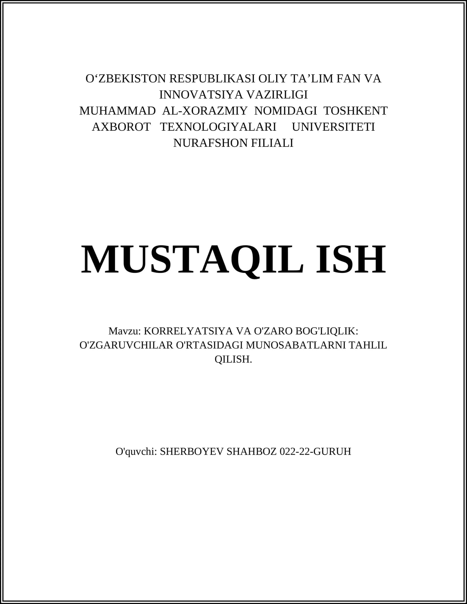 KORRELYATSIYA VA O'ZARO BOG'LIQLIK 1