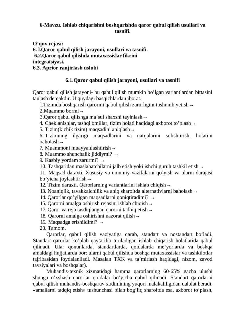 Ishlab chiqarishni boshqarishda qaror qabul qilish usullari va tasnifi 1