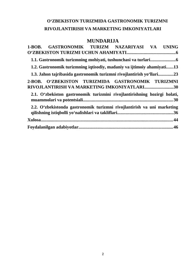 O‘ZBEKISTON TURIZMIDA GASTRONOMIK TURIZMNI RIVOJLANTIRISH VA MARKETING IMKONIYATLARI 1