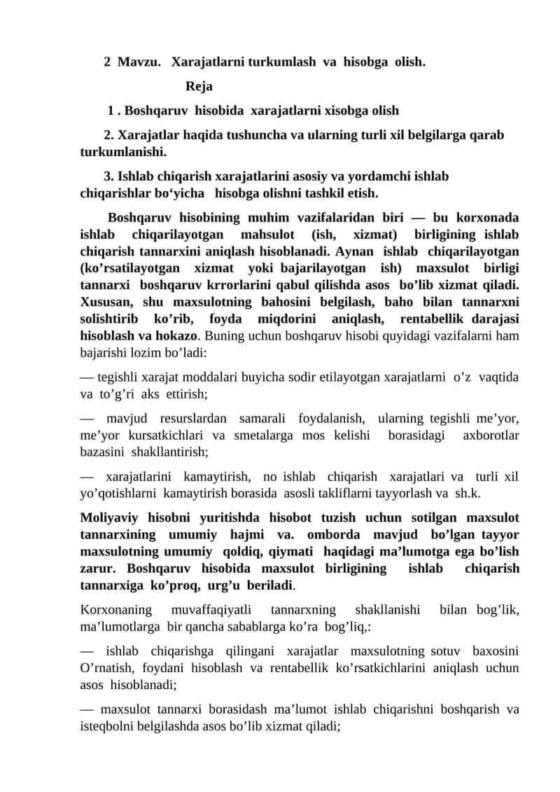2 Mavzu. Xarajatlarni turkumlash va hisobga olish 1
