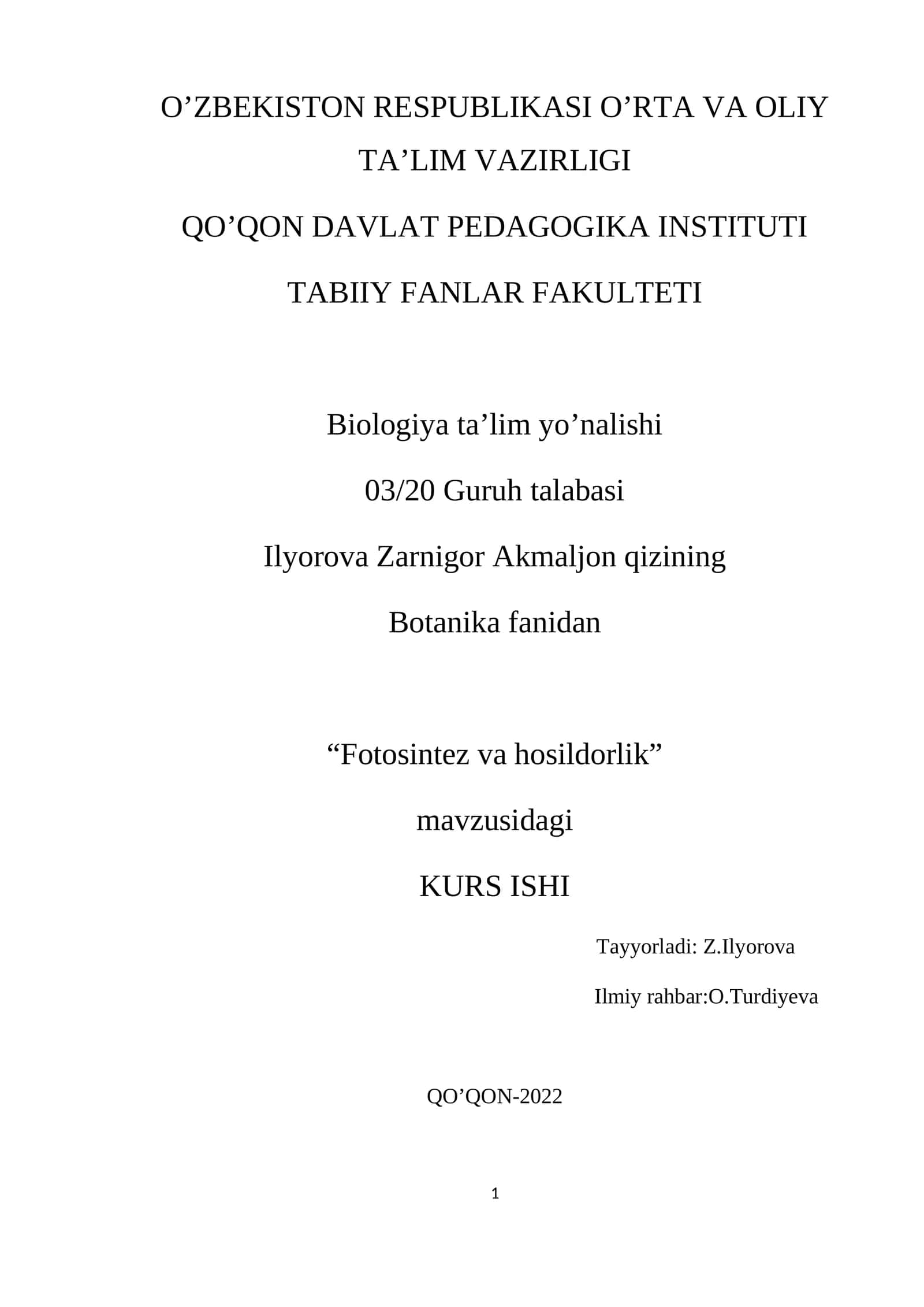 Fotosintez va hosildorlik KURS ISHI 1