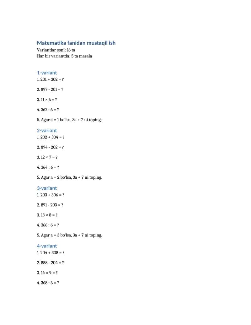 Matematika fanidan mustaqil ish 1