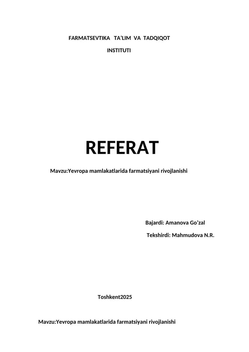Yevropa mamlakatlarida farmatsiyani rivojlanishi 1