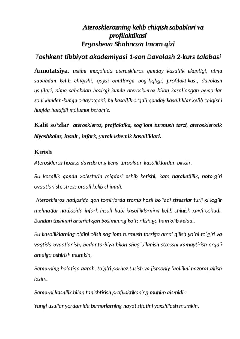 Aterosklerozning kelib chiqish sabablari va profilaktikasi 1