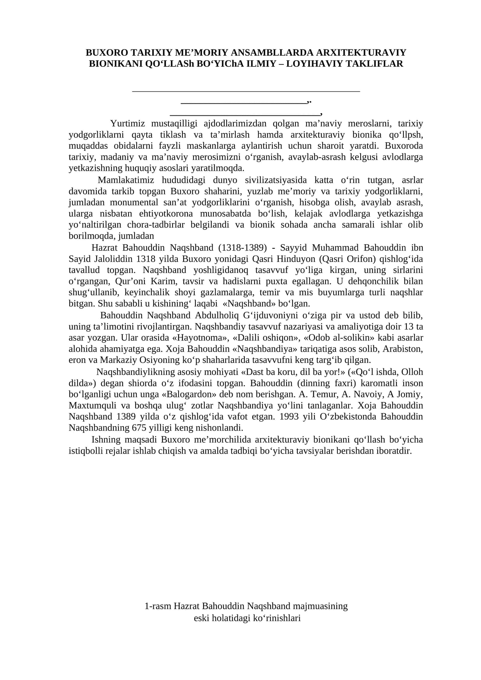 Maqola sotamiz. BUXORO TARIXIY ME’MORIY ANSAMBLLARDA ARXITEKTURAVIY BIONIKANI QO‘LLASh BO‘YIChA ILMIY – LOYIHAVIY TAKLIFLAR 1