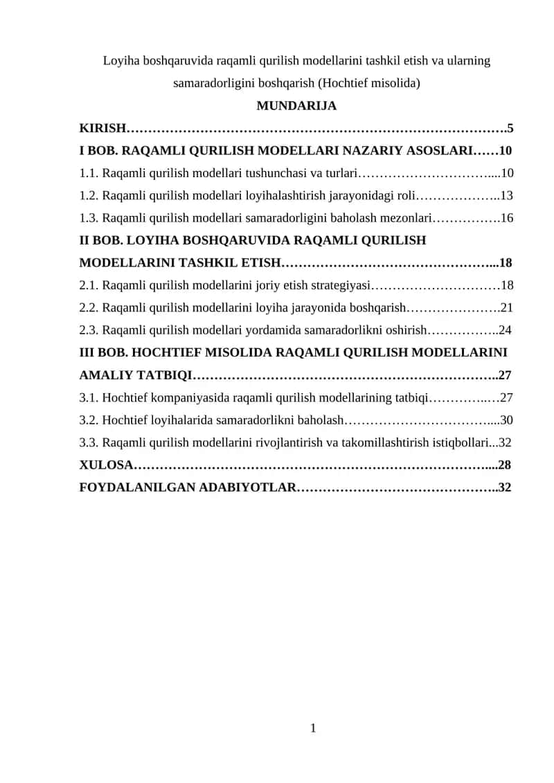 Loyiha boshqaruvida raqamli qurilish modellarini tashkil etish va ularning samaradorligini boshqarish (Hochtief misolida) 1