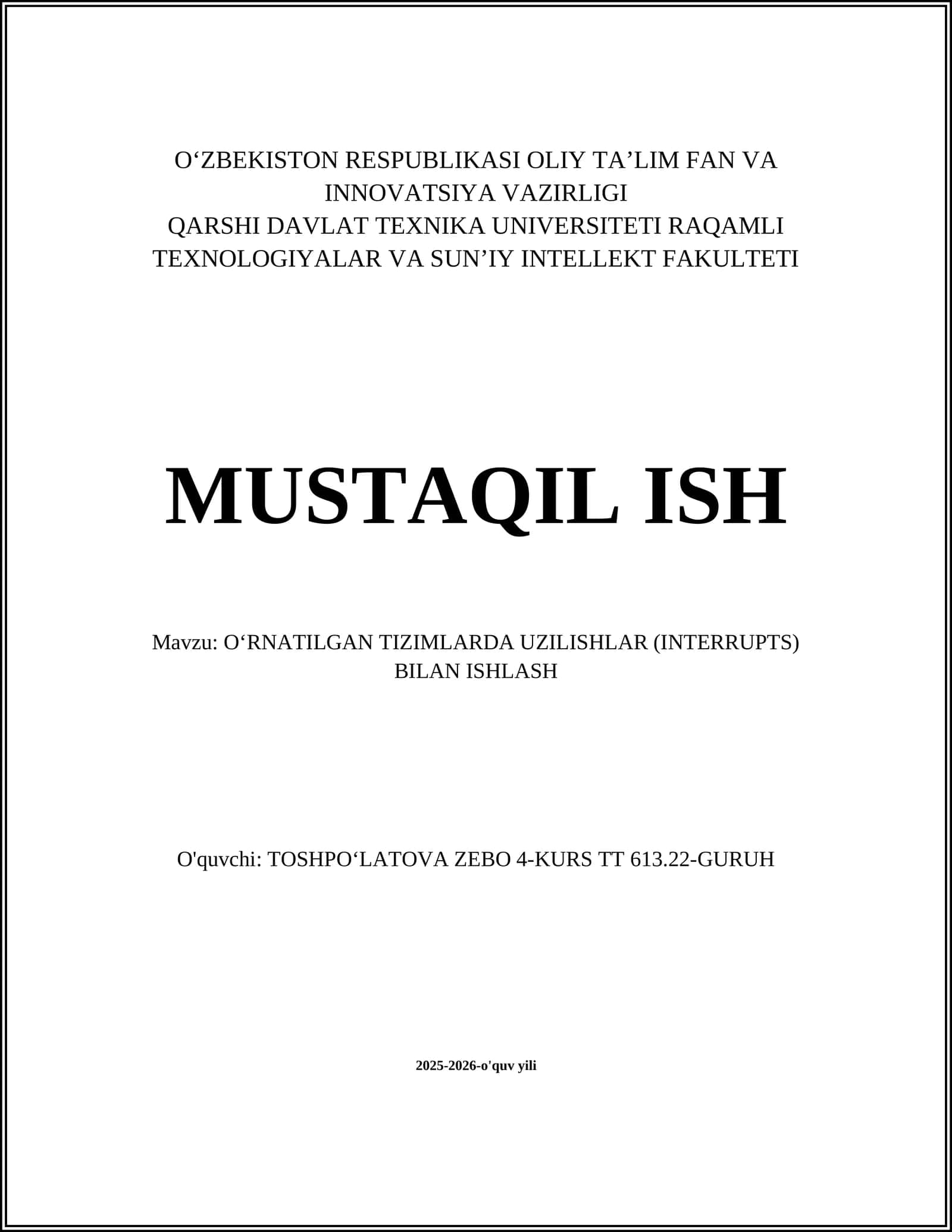 O‘RNATILGAN TIZIMLARDA UZILISHLAR (INTERRUPTS) BILAN ISHLASH 1