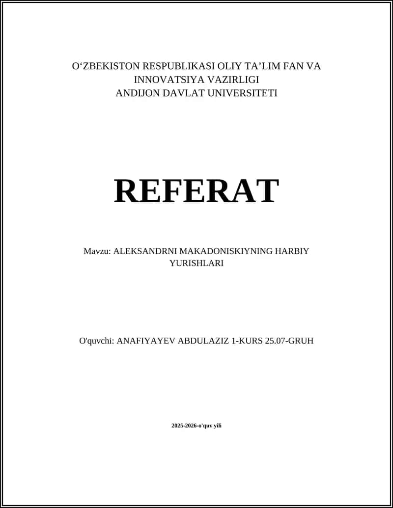 ALEKSANDRNI MAKADONISKIYNING HARBIY YURISHLARI 1